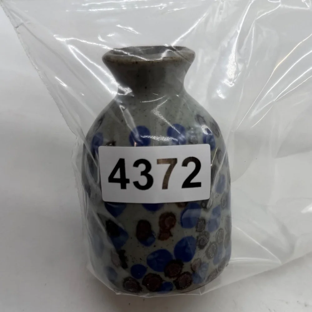 Knobler Japan Studio Pottery Bud Vase Blue Brown Polka Dot‎ Stoneware MCM 4 inch